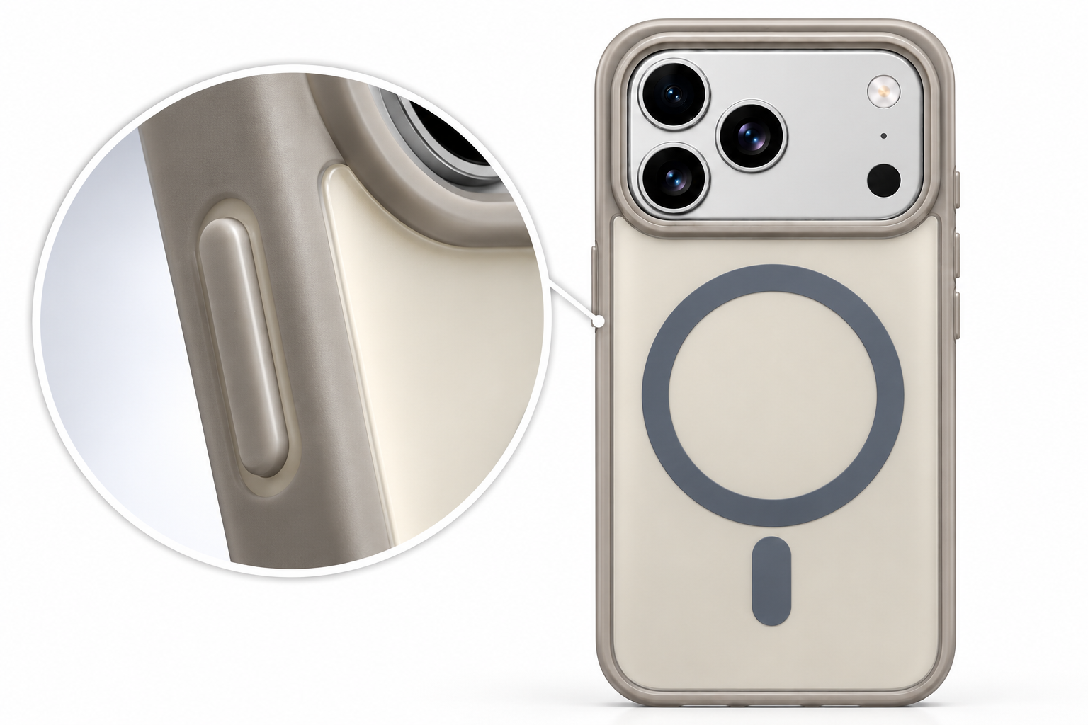 Funda beige con MagSafe, vista posterior con ampliación del botón lateral y el borde.