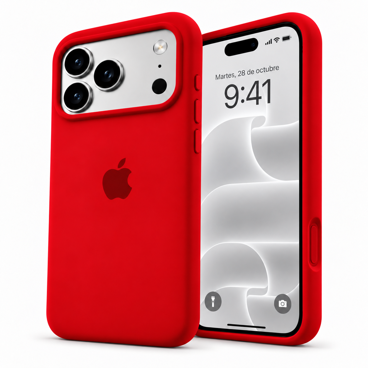 Funda de silicona roja para iPhone 18 Pro Max y 17 Pro Max, vista frontal y trasera.