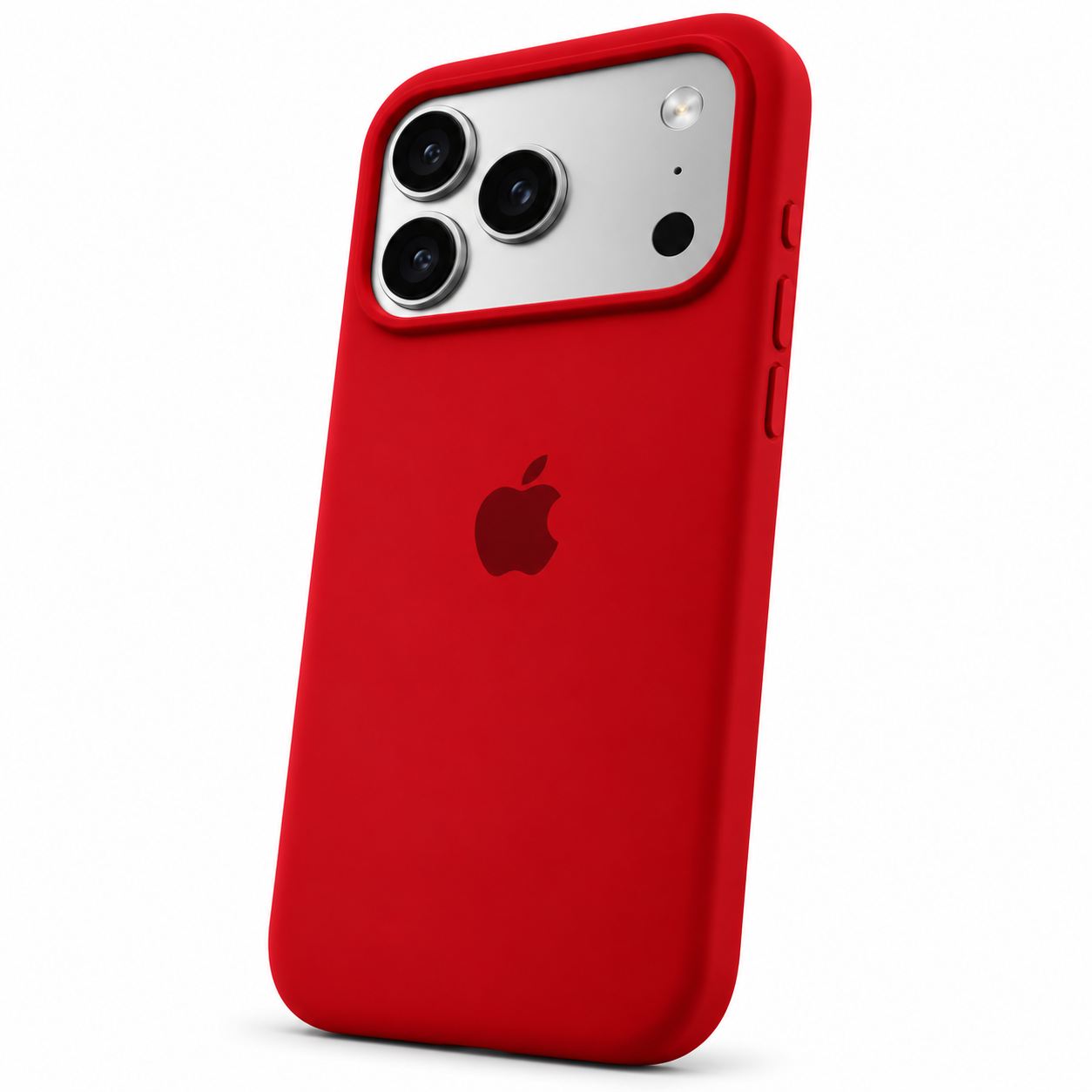 Funda de silicona roja para iPhone 18 Pro Max y 17 Pro Max, vista trasera con borde de cámara y botones laterales.