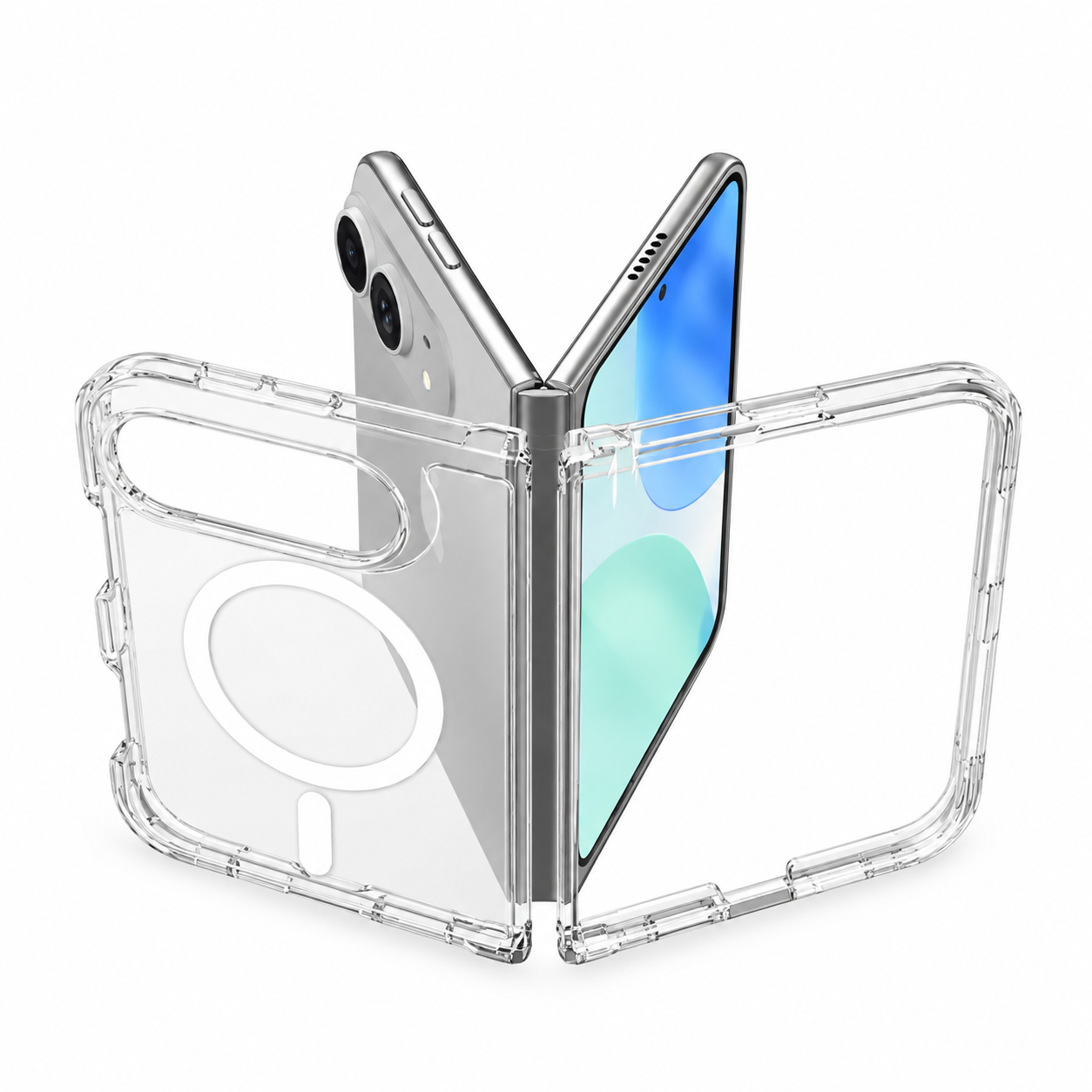 Funda transparente de dos piezas con anillo blanco, colocada en un iPhone Duo plegable en posición semiabierta.