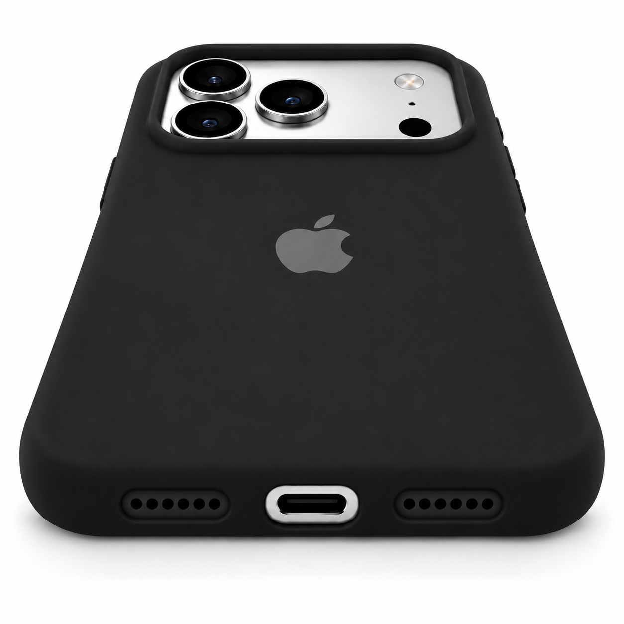 Funda de silicona negra para iPhone 18 Pro Max y 17 Pro Max, detalle del puerto de carga y aberturas inferiores.