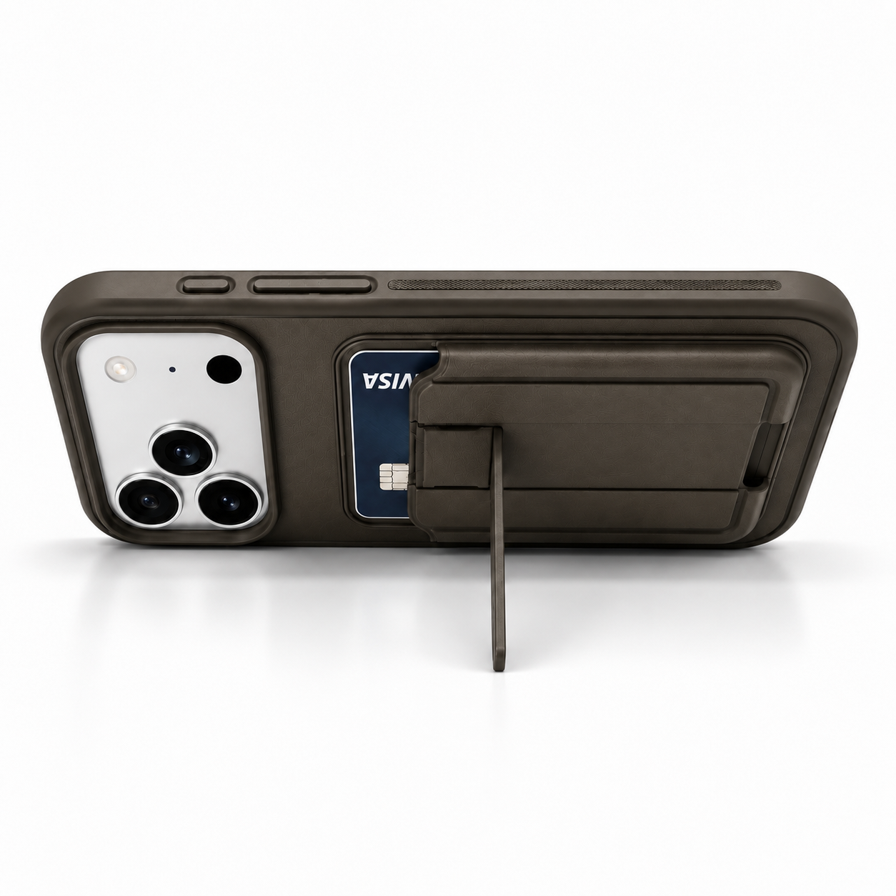 Funda con tarjetero para iPhone 18 Pro Max y 17 Pro Max, con soporte desplegado en posición horizontal.