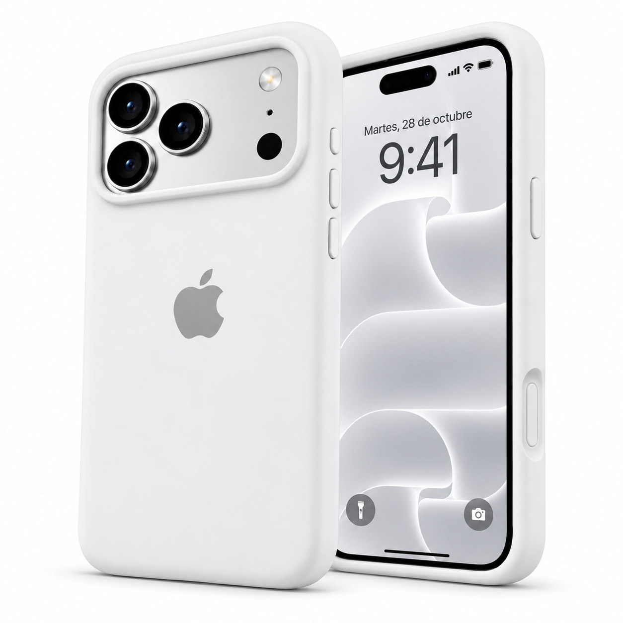 Funda de silicona blanca para iPhone 18 Pro Max y 17 Pro Max, vista frontal y trasera.