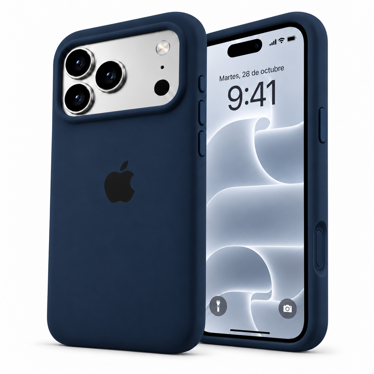 Funda de silicona azul marino para iPhone 18 Pro Max y 17 Pro Max, vista frontal y trasera.