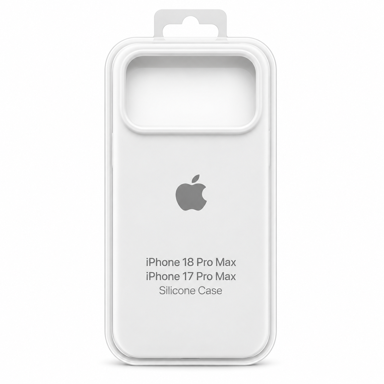Funda de silicona blanca para iPhone 18 Pro Max y 17 Pro Max en empaque transparente.