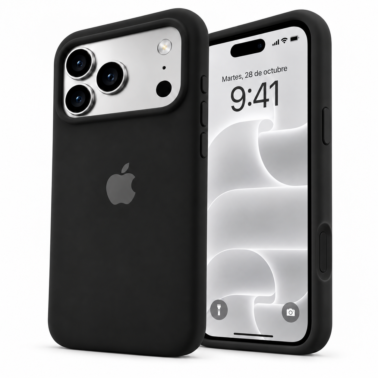 Funda de silicona negra para iPhone 18 Pro Max y 17 Pro Max, vista frontal y trasera.