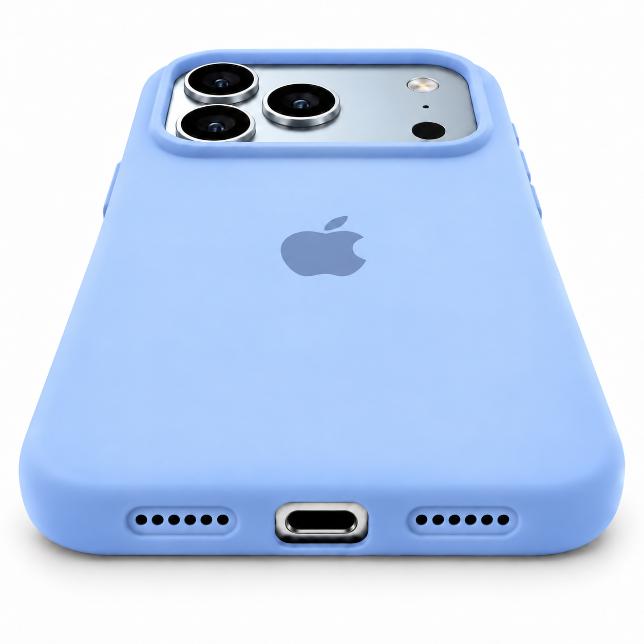 Funda de silicona azul glaciar para iPhone 18 Pro Max y 17 Pro Max, detalle del puerto de carga y aberturas inferiores.