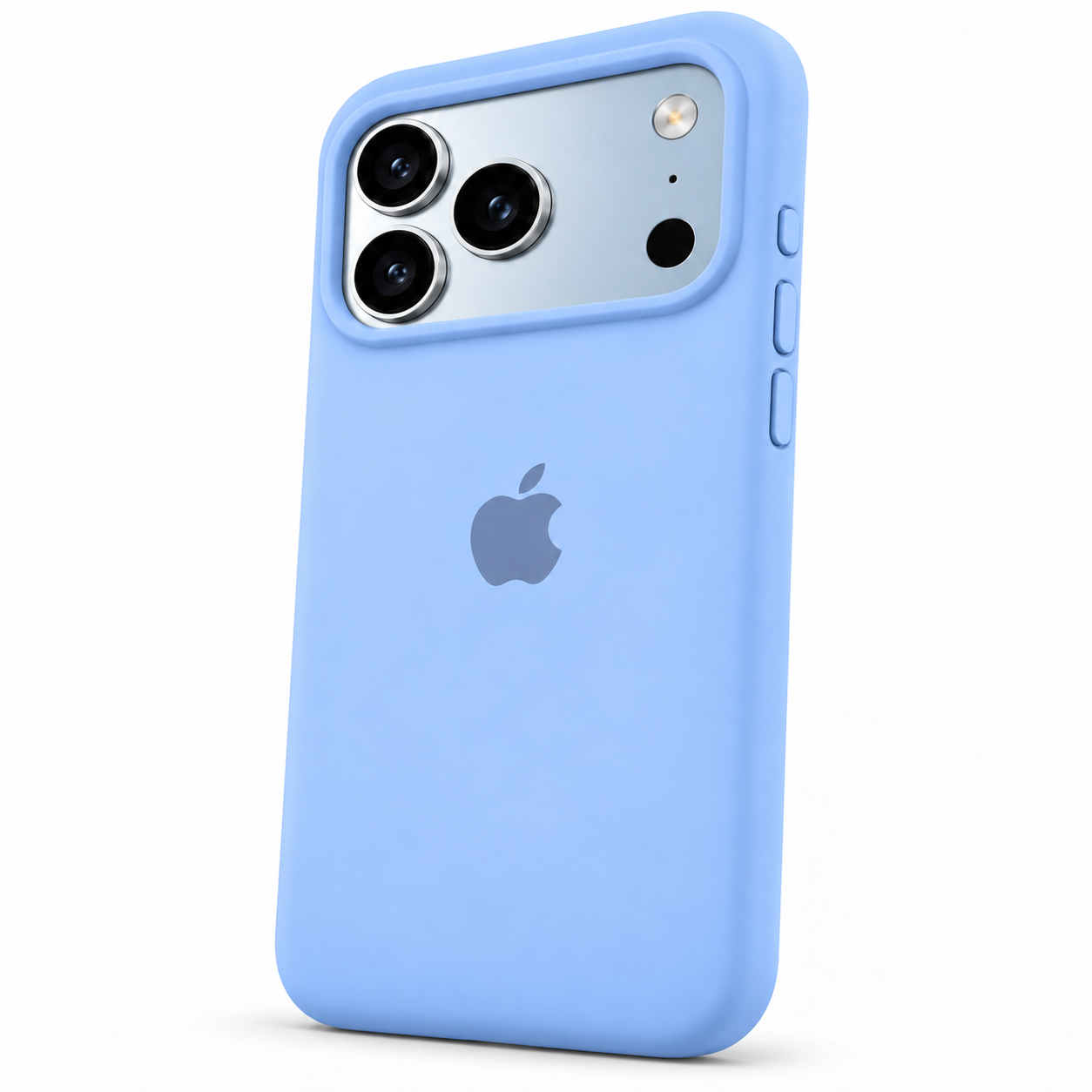 Funda de silicona azul glaciar para iPhone 18 Pro Max y 17 Pro Max, vista trasera con borde de cámara y botones laterales.