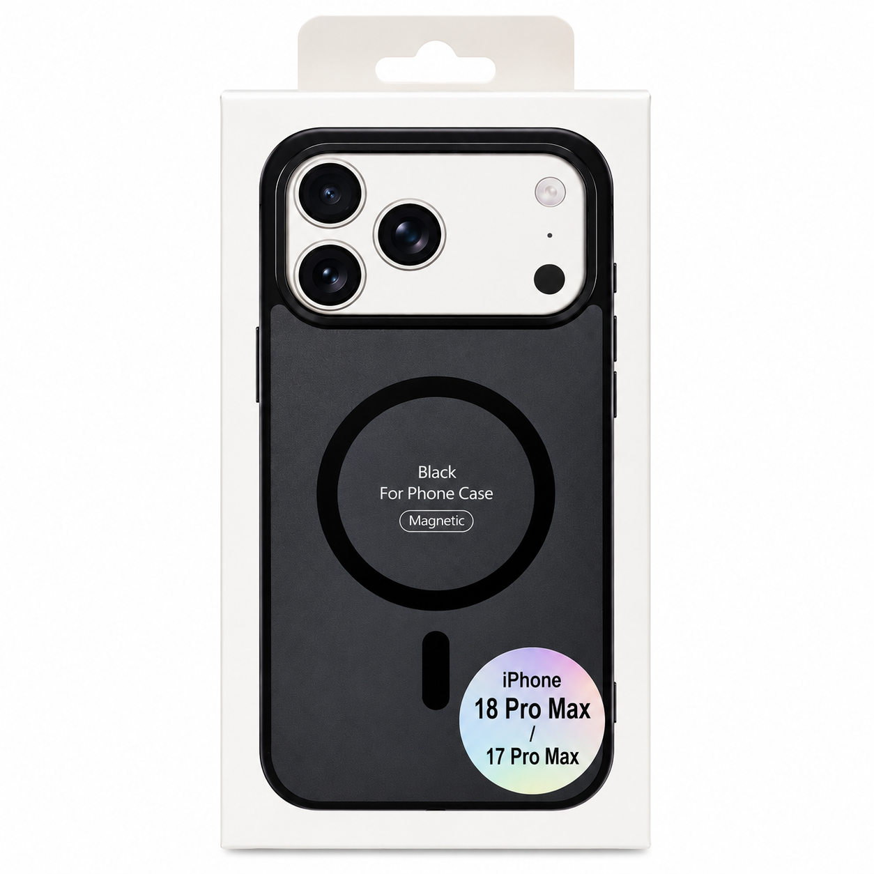 Empaque de la funda negra con MagSafe para iPhone 18 Pro Max y 17 Pro Max, vista frontal.