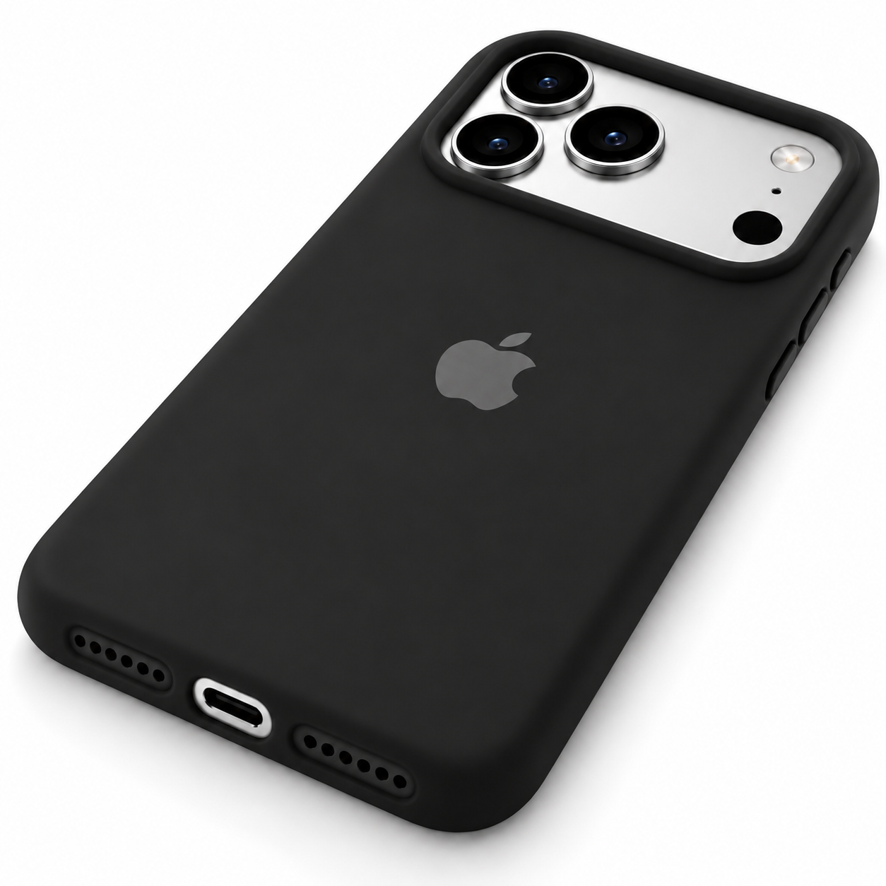 Funda de silicona negra para iPhone 18 Pro Max y 17 Pro Max, vista trasera en diagonal con borde inferior visible.