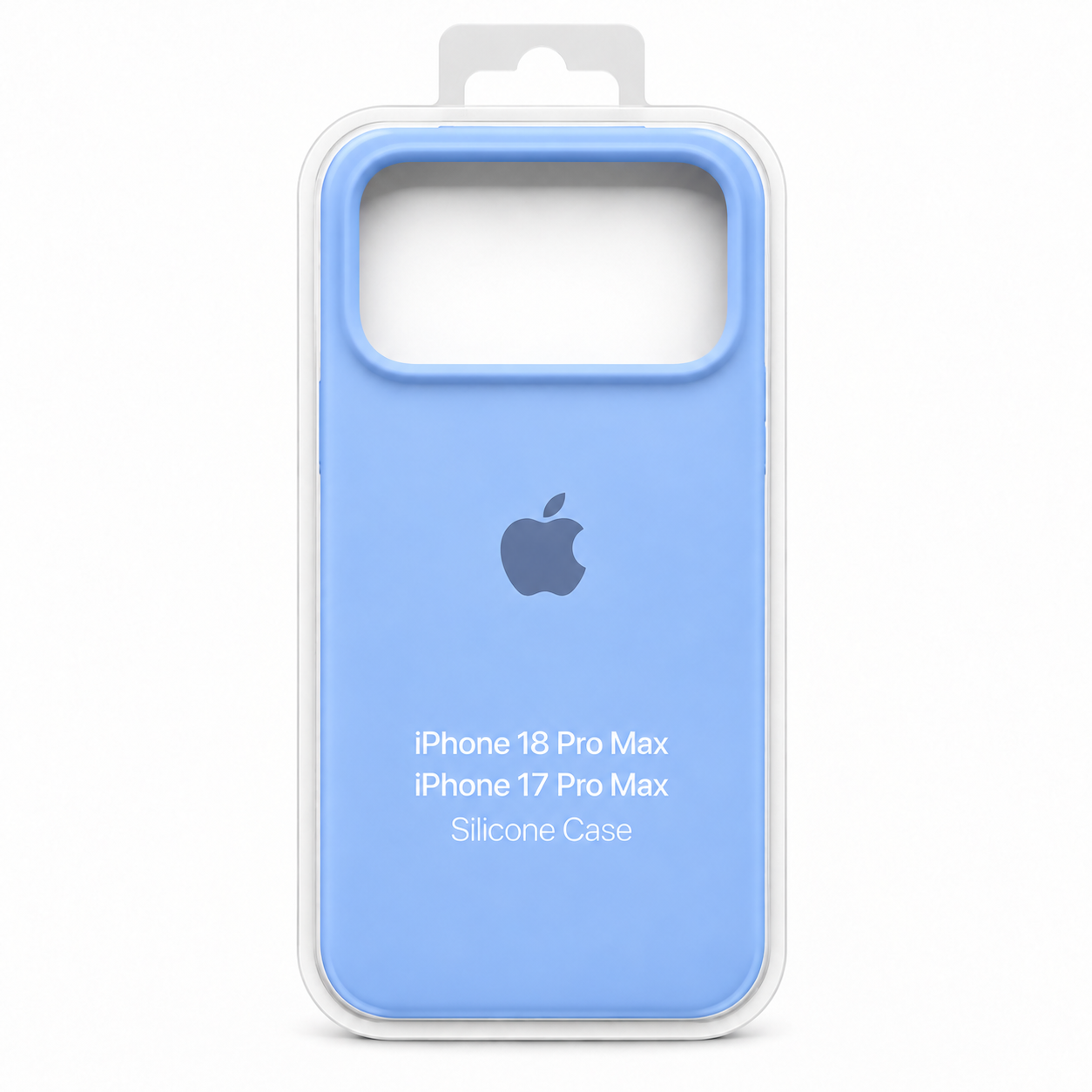 Funda de silicona azul glaciar para iPhone 18 Pro Max y 17 Pro Max en empaque transparente.