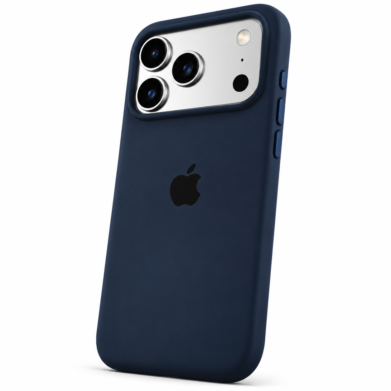 Funda de silicona azul marino para iPhone 18 Pro Max y 17 Pro Max, vista trasera con borde de cámara y botones laterales.
