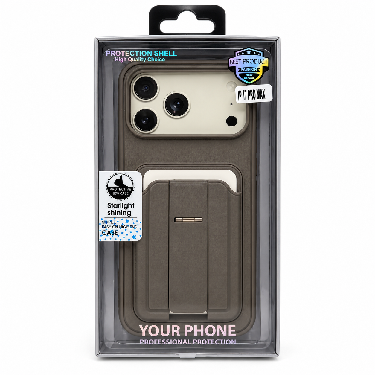 Funda con tarjetero y soporte para iPhone 18 Pro Max y 17 Pro Max, vista frontal del empaque