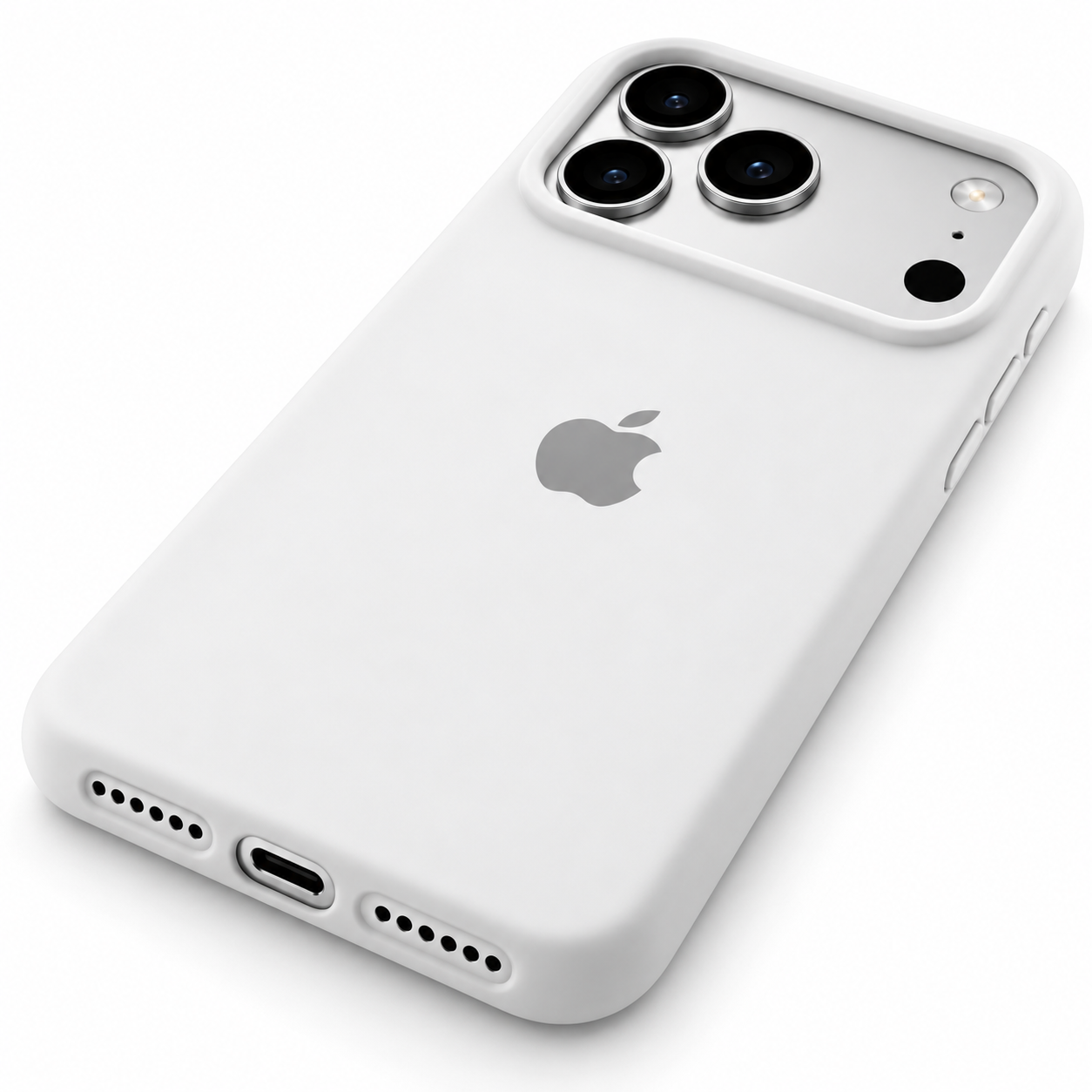 Funda de silicona blanca para iPhone 18 Pro Max y 17 Pro Max, vista trasera en diagonal con borde inferior visible.