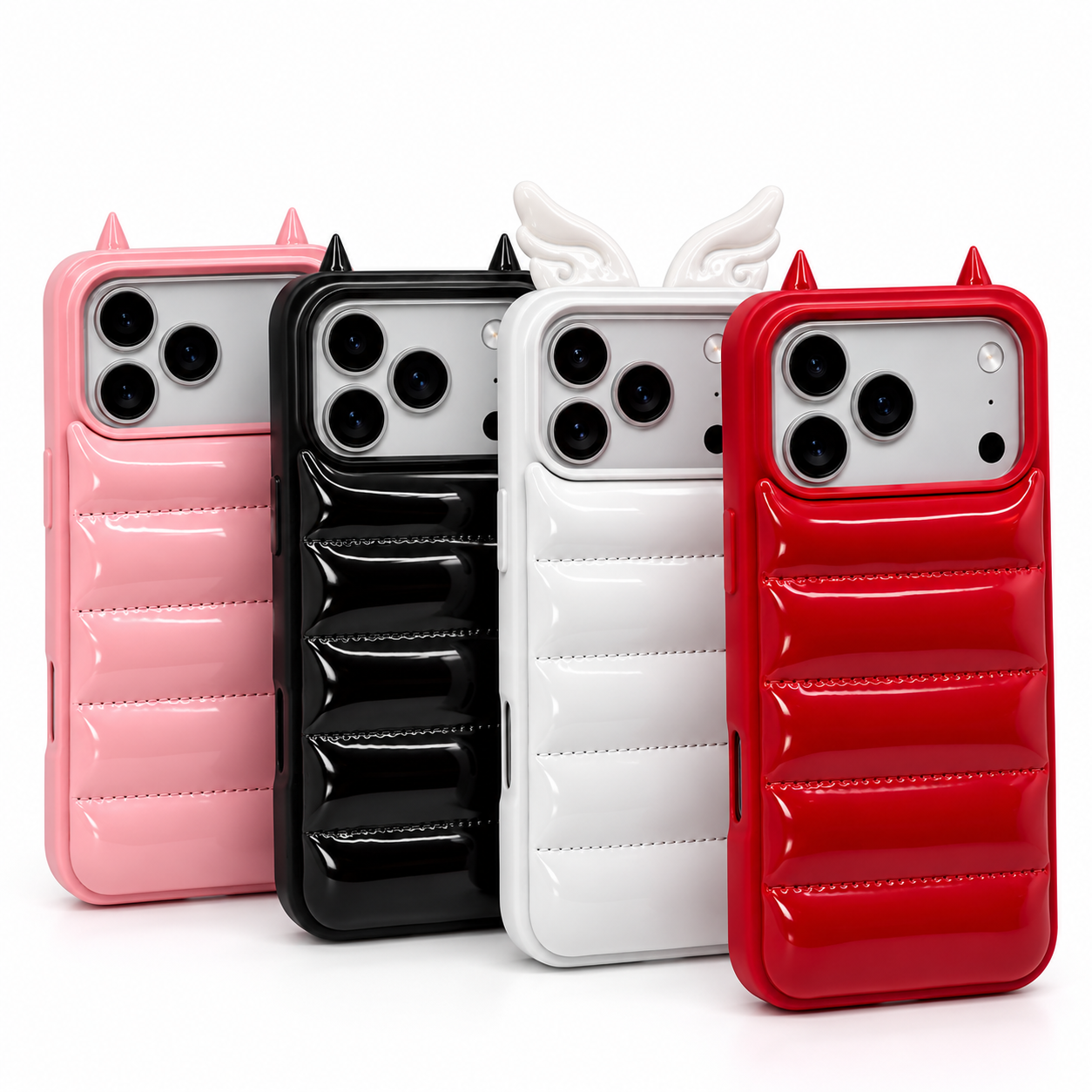 Fundas Puffer 3D rosa, negra y roja con cuernos de diablito, y blanca con alas de ángel.