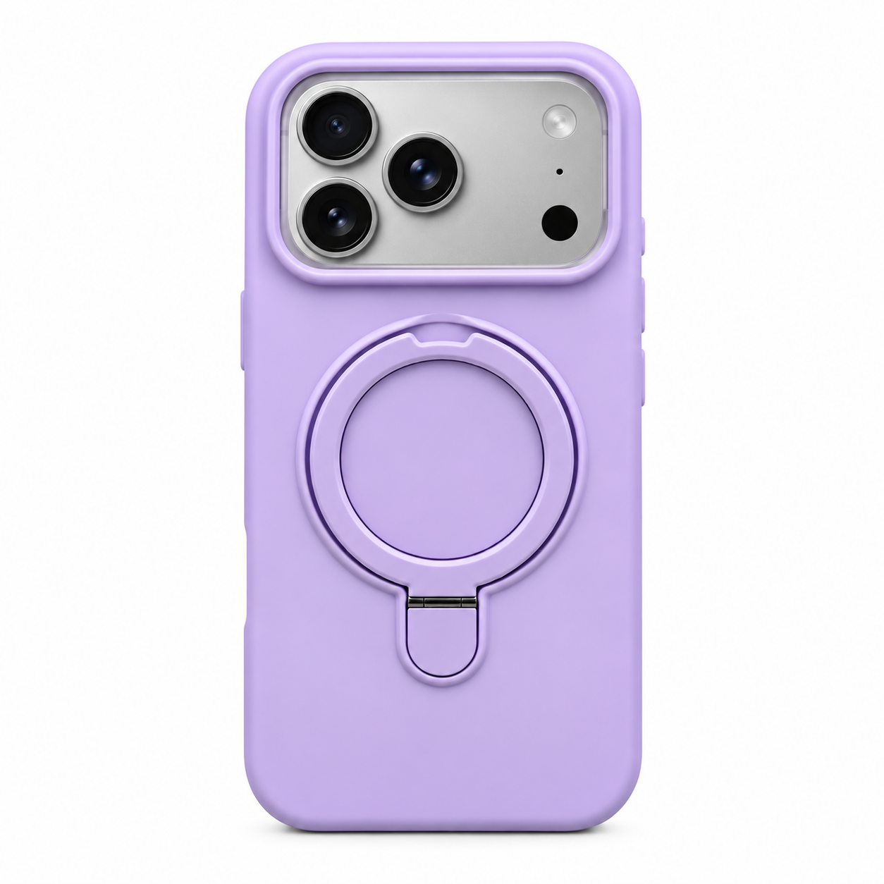Funda de silicona lila pastel para iPhone 18 Pro Max y 17 Pro Max con soporte circular trasero, vista posterior.