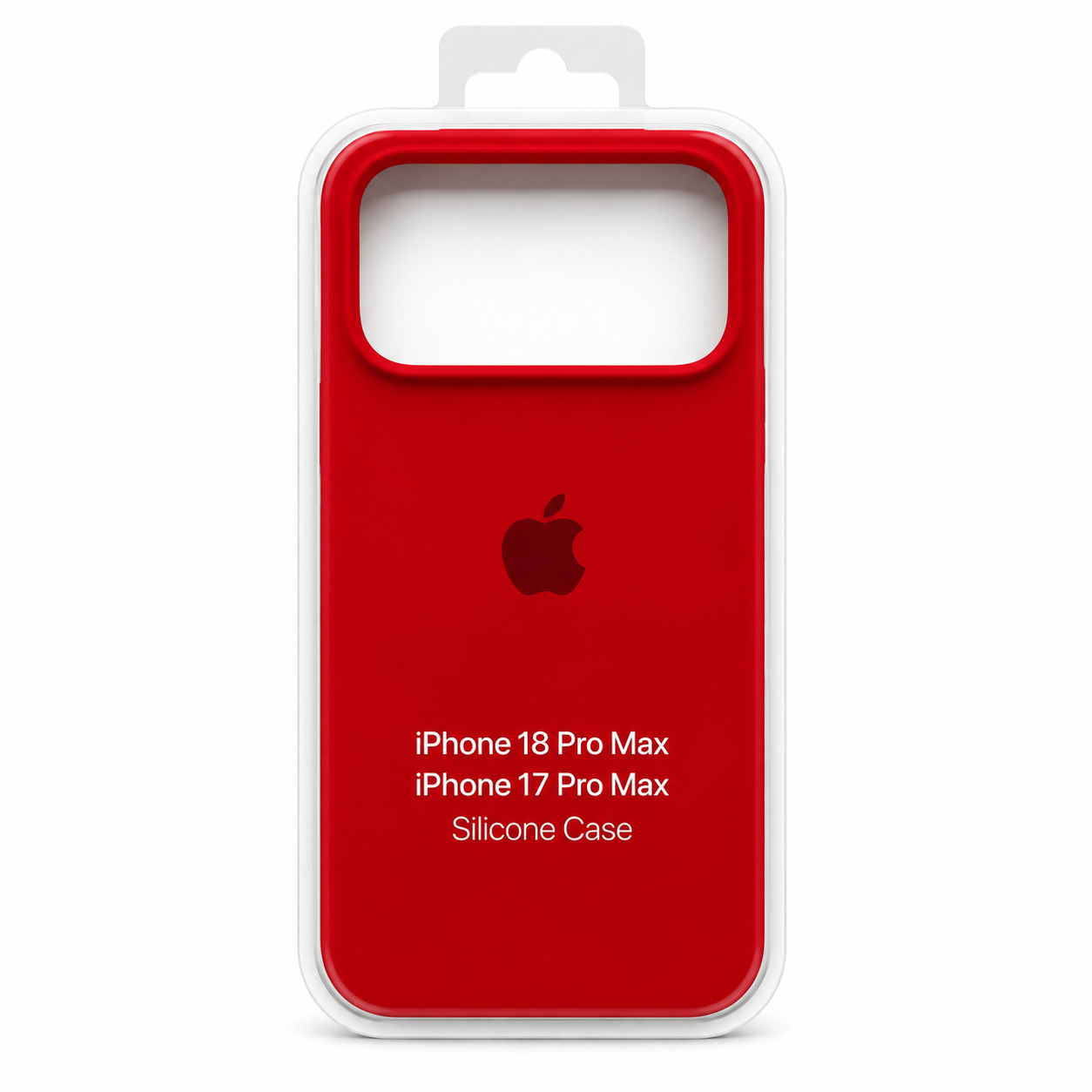 Funda de silicona roja para iPhone 18 Pro Max y 17 Pro Max en empaque transparente.
