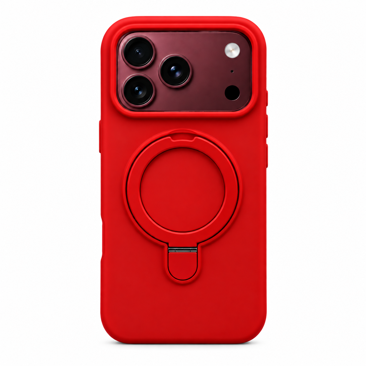 Funda de silicona color rojo para iPhone 18 Pro Max y 17 Pro Max con soporte circular trasero, vista posterior.