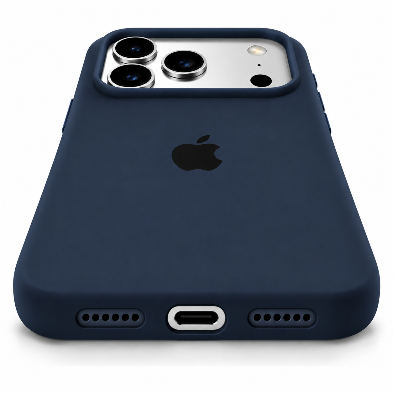 Funda de silicona azul marino para iPhone 18 Pro Max y 17 Pro Max, detalle del puerto de carga y aberturas inferiores.