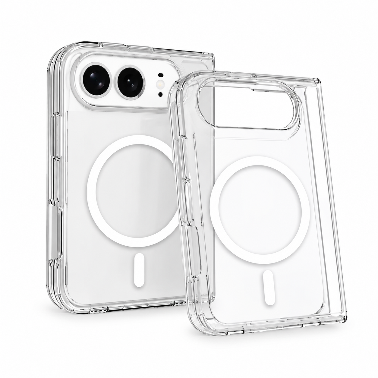 Funda transparente para iPhone Duo: una pieza colocada en el teléfono muestra las cámaras horizontales y la otra, a su lado, deja ver el anillo magnético compatible con MagSafe.
