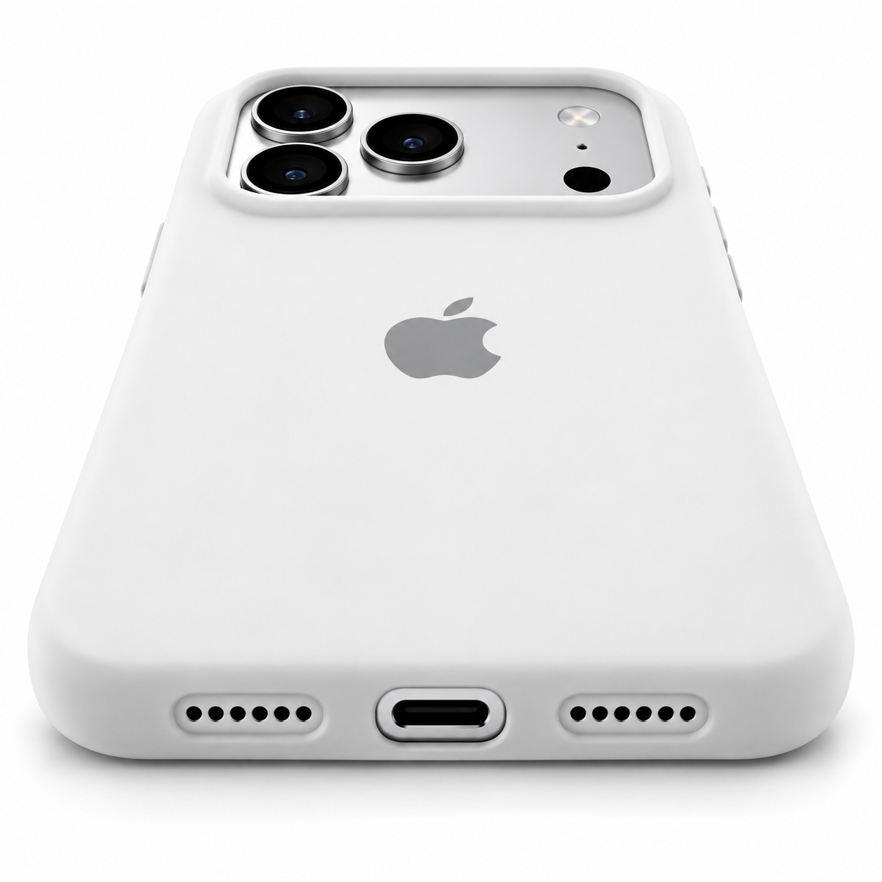 Funda de silicona blanca para iPhone 18 Pro Max y 17 Pro Max, detalle del puerto de carga y aberturas inferiores.