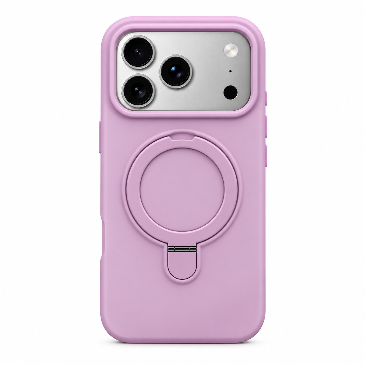 Funda de silicona rosa pastel para iPhone 18 Pro Max y 17 Pro Max con soporte circular trasero, vista posterior.
