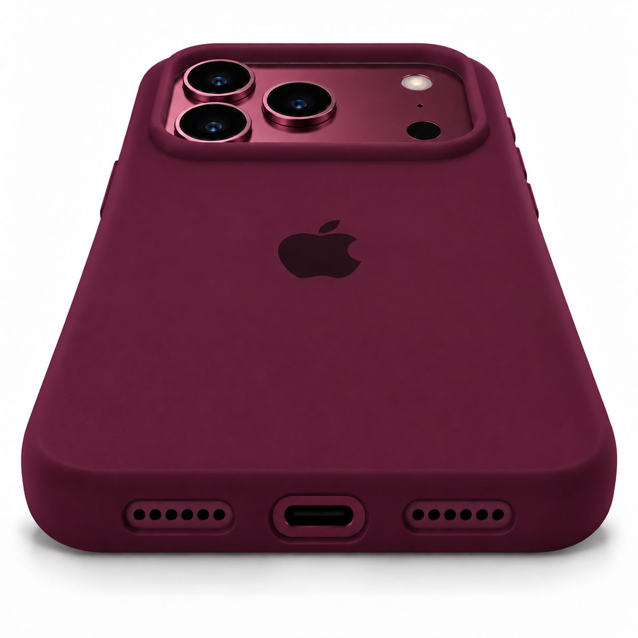 Funda de silicona color borgoña para iPhone 18 Pro Max y 17 Pro Max, detalle del puerto de carga y aberturas inferiores.