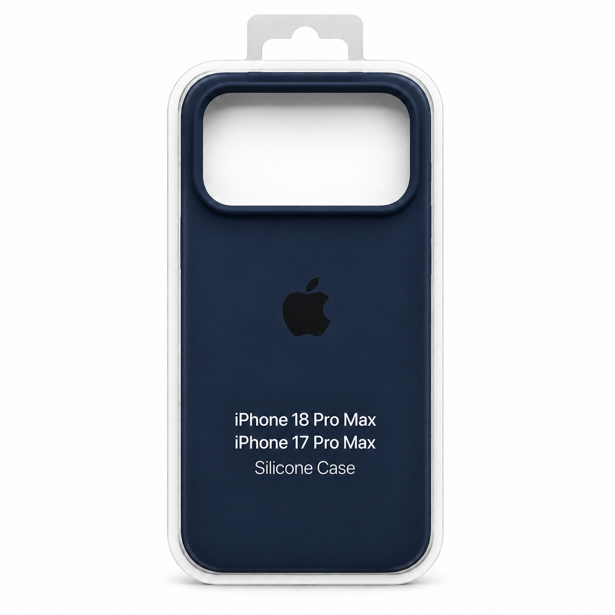 Funda de silicona azul marino para iPhone 18 Pro Max y 17 Pro Max en empaque transparente.