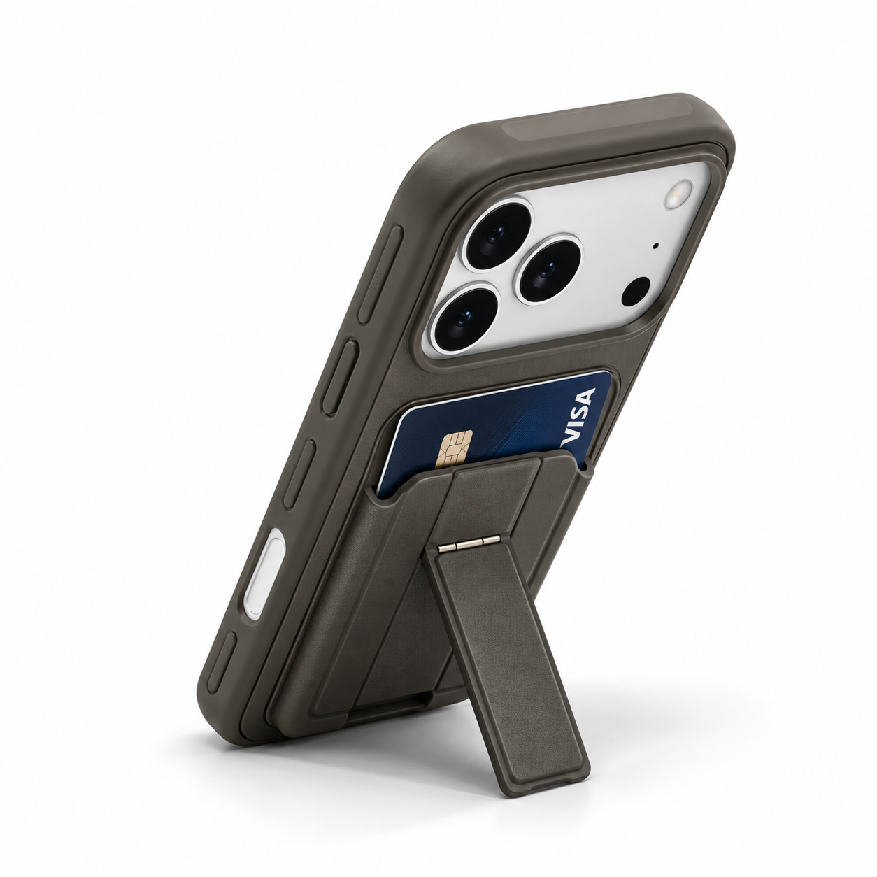 Funda con tarjetero para iPhone 18 Pro Max y 17 Pro Max, vista lateral con soporte desplegado en posición vertical.