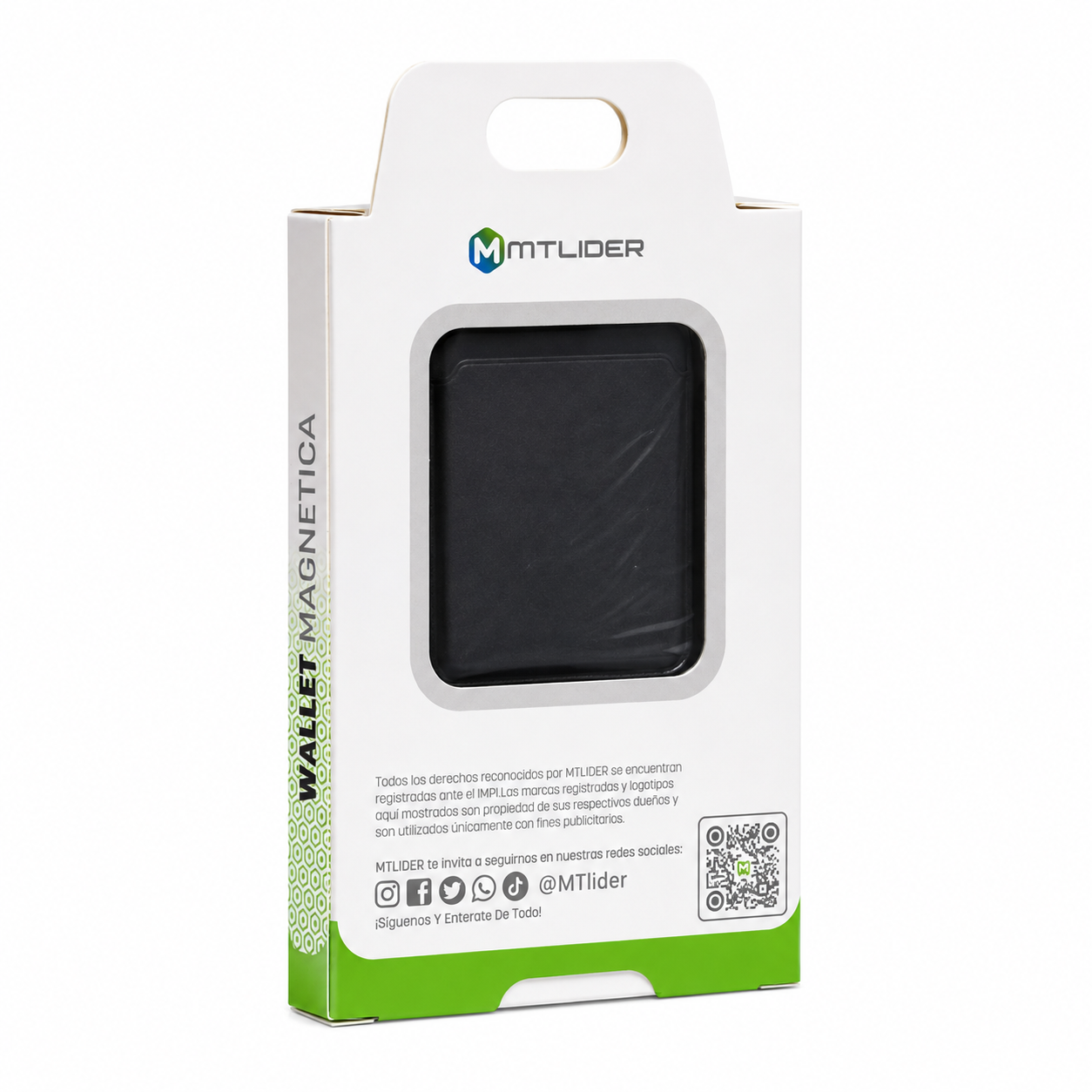 Caja oficial del tarjetero magnético MTLIDER AV56 con logos de compatibilidad MagSafe