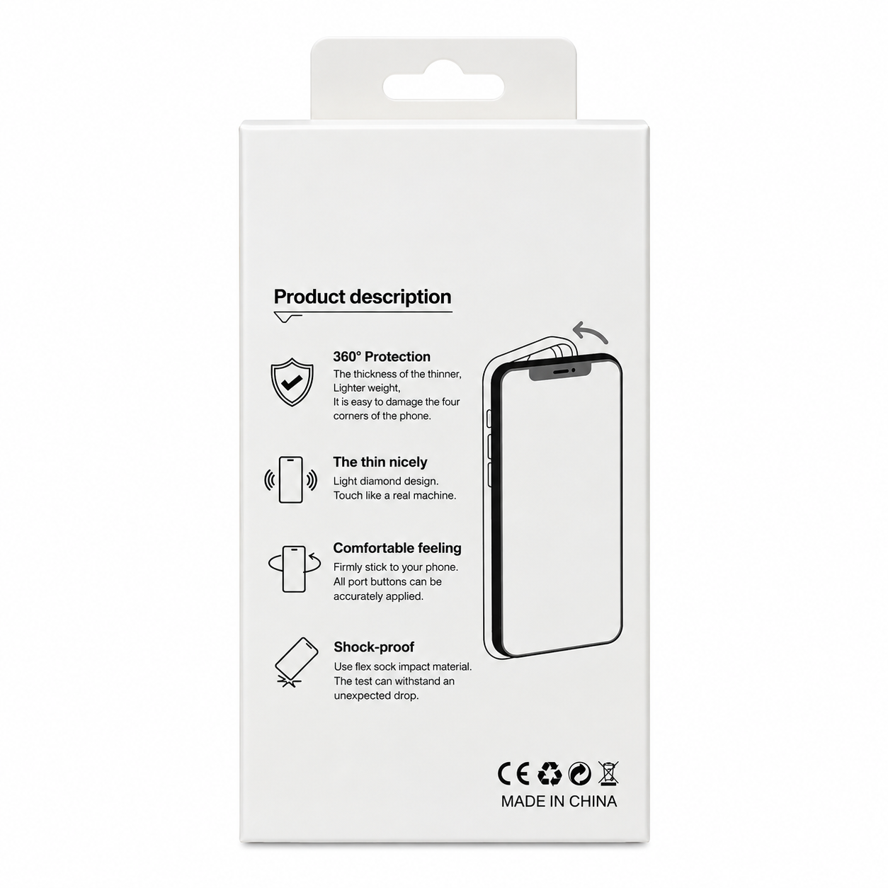 Parte posterior del empaque de la funda, con ilustración de colocación e información del producto.