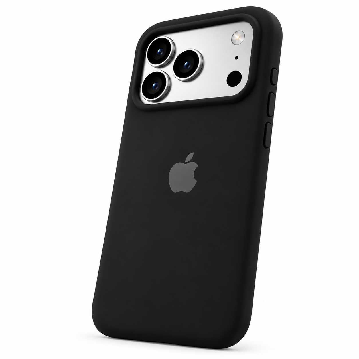 Funda de silicona negra para iPhone 18 Pro Max y 17 Pro Max, vista trasera con borde de cámara y botones laterales.