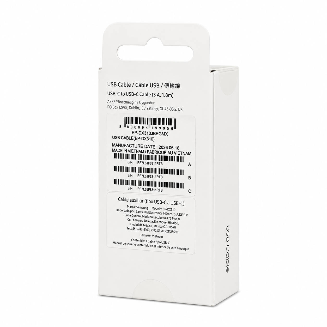 Cable USB-C a USB-C Samsung Original EP-DX310 empaque trasero con especificaciones