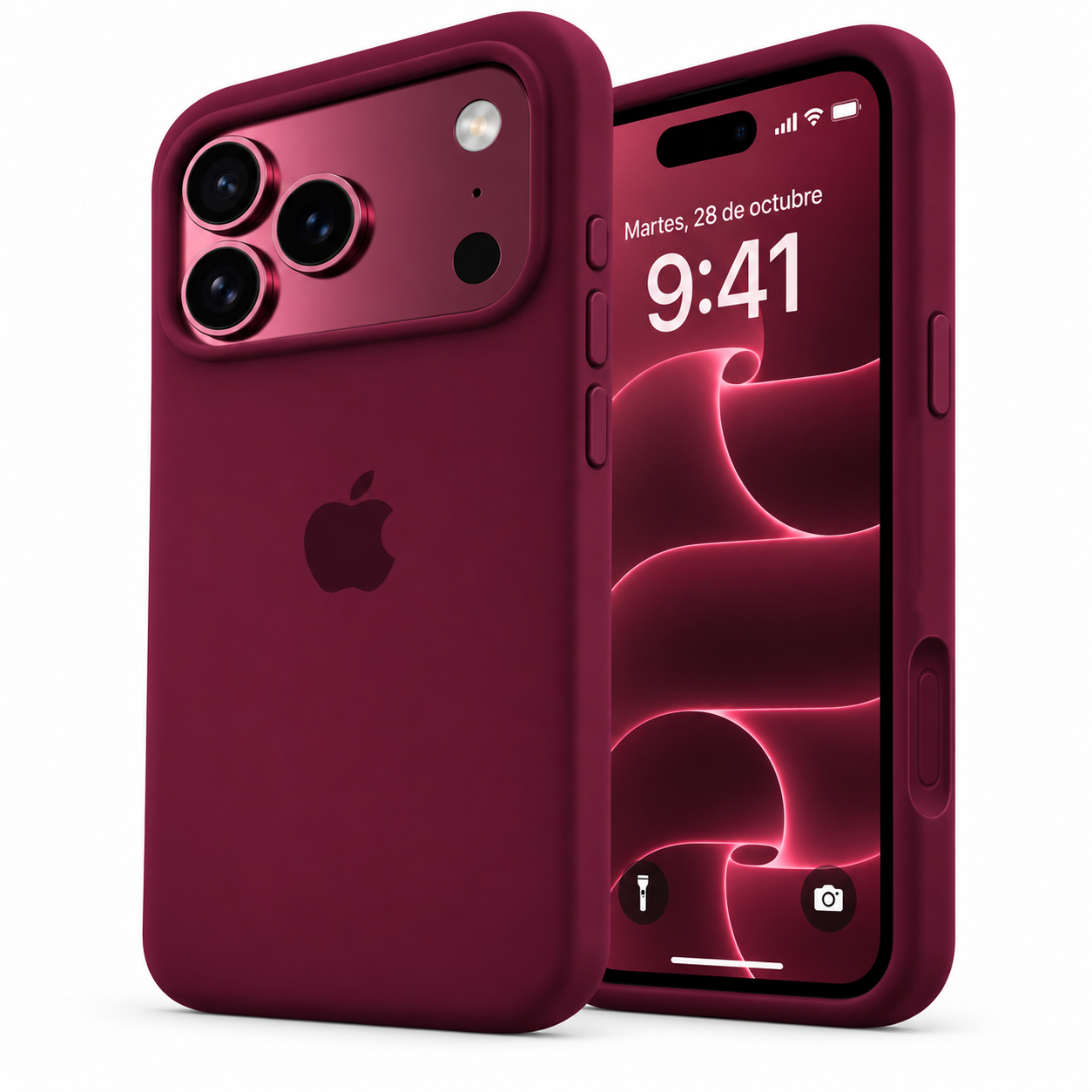 Funda de silicona color borgoña para iPhone 18 Pro Max y 17 Pro Max, vista frontal y trasera.