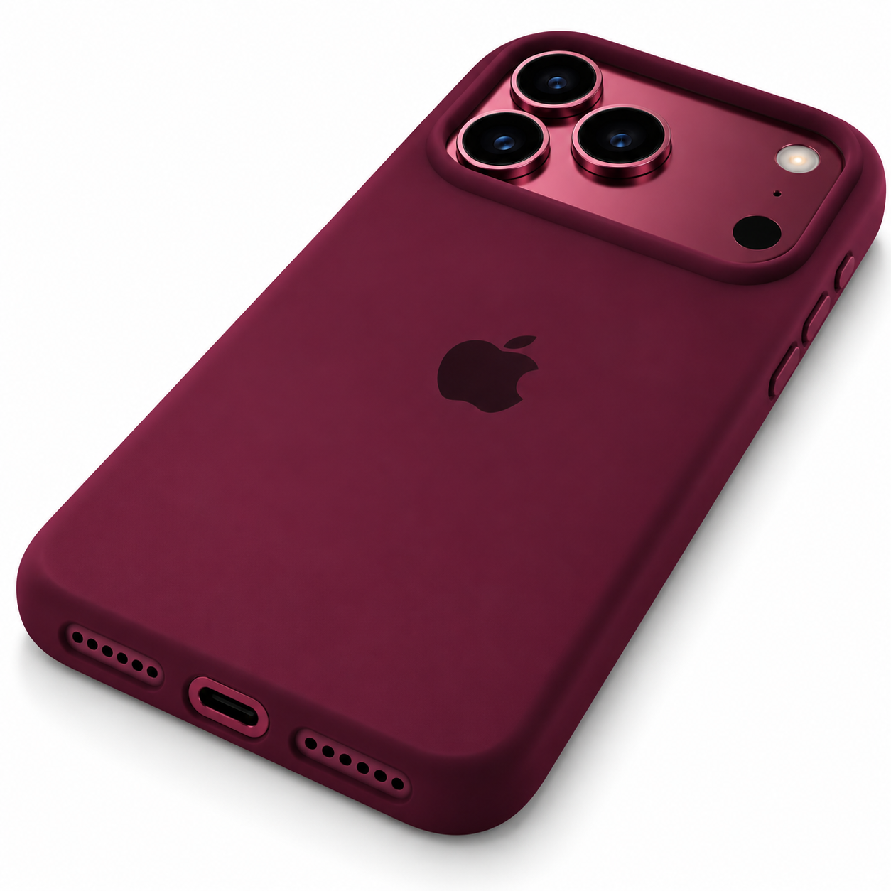 Funda de silicona color borgoña para iPhone 18 Pro Max y 17 Pro Max, vista trasera en diagonal con borde inferior visible.