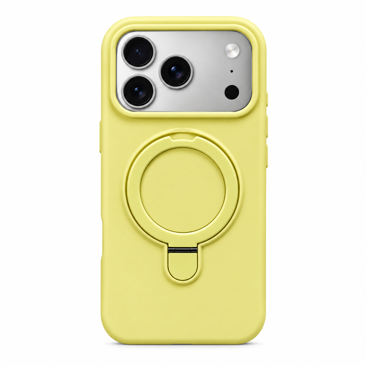 Funda de silicona color amarillo pastel para iPhone 18 Pro Max y 17 Pro Max con soporte circular trasero, vista posterior.