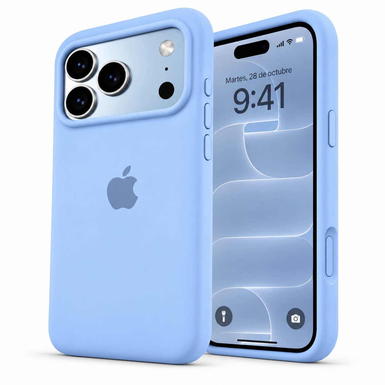 Funda de silicona azul glaciar para iPhone 18 Pro Max y 17 Pro Max, vista frontal y trasera.