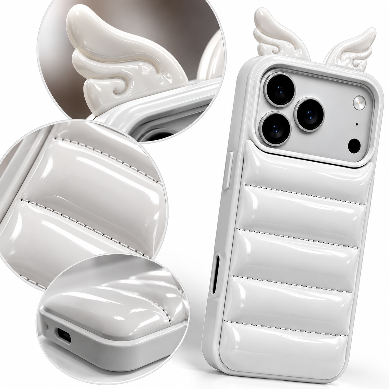 Funda Puffer 3D blanca con alas de ángel, con acercamientos de las alas, el acabado brillante y la abertura de carga.