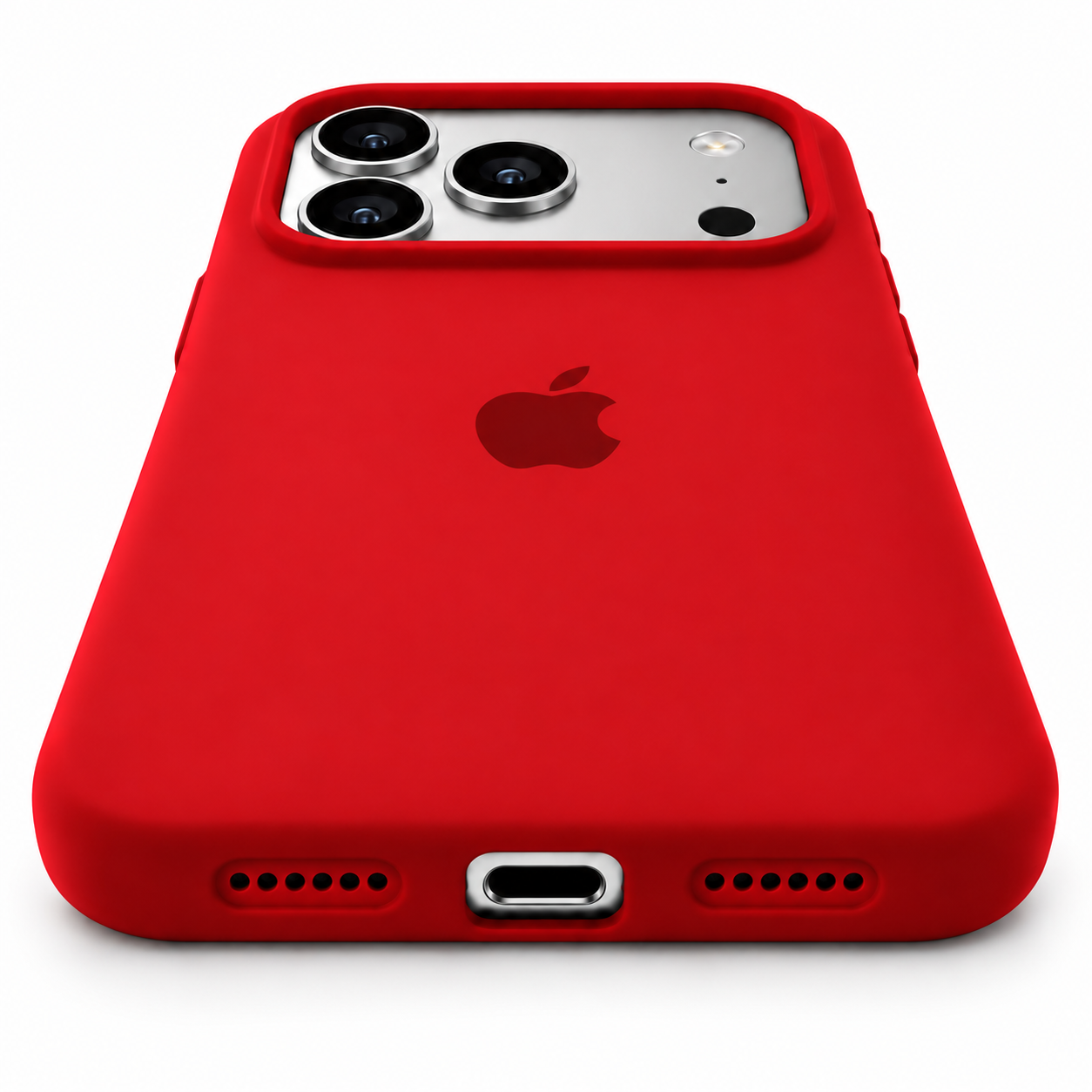 Funda de silicona roja para iPhone 18 Pro Max y 17 Pro Max, detalle del puerto de carga y aberturas inferiores.