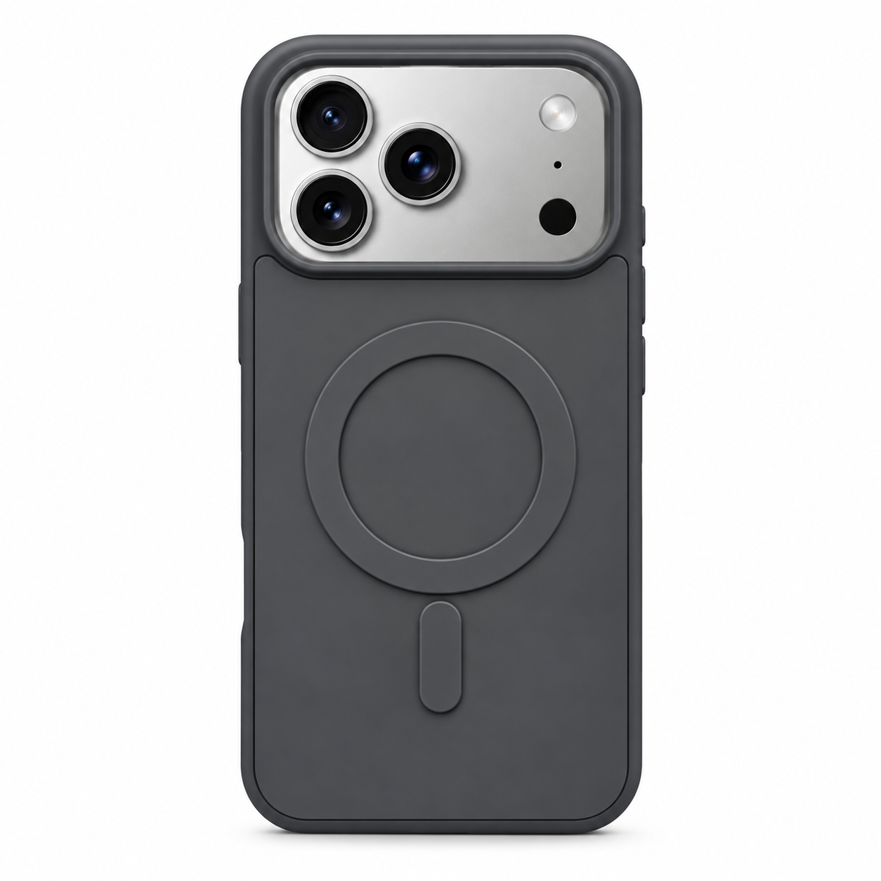 Funda de silicona gris para iPhone 18 Pro Max y 17 Pro Max con anillo circular trasero, vista posterior.