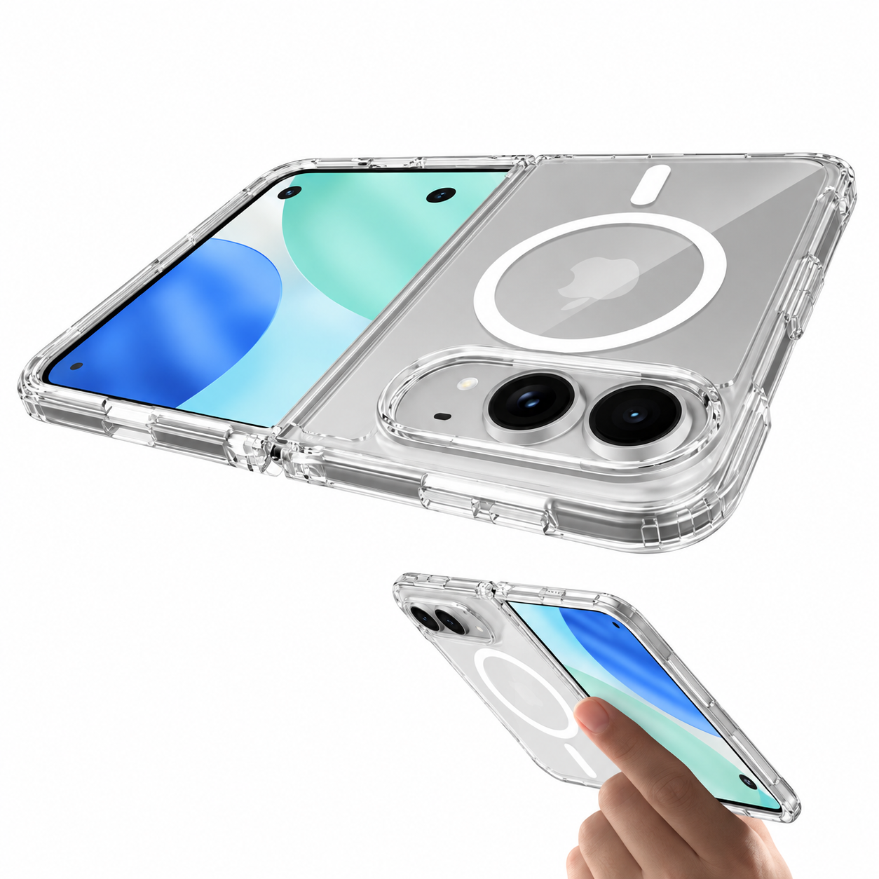 Funda transparente compatible con MagSafe en un iPhone Duo completamente abierto, con una imagen pequeña que muestra cómo se sostiene con una mano.