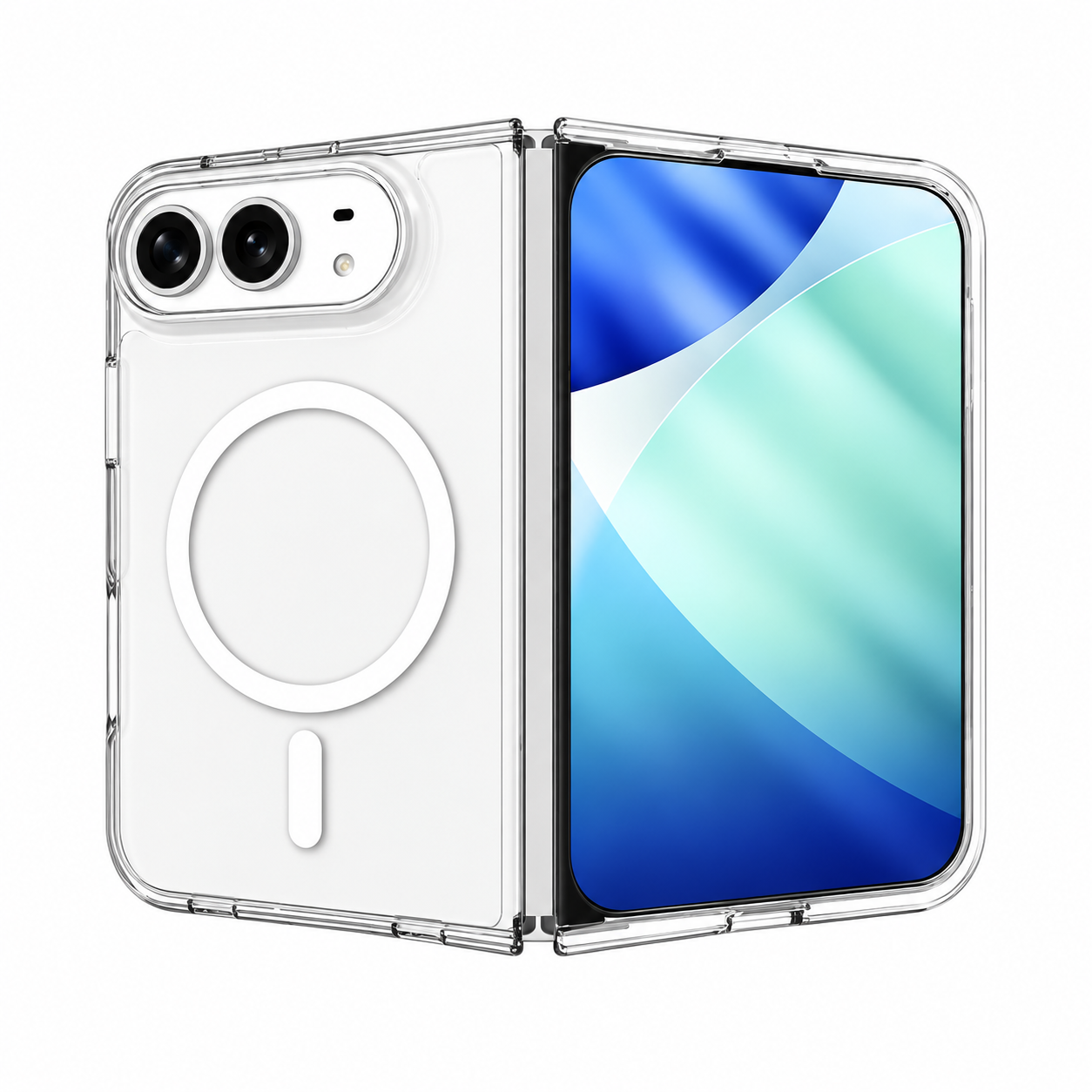 Funda transparente compatible con MagSafe en un iPhone Duo abierto, con la pantalla encendida y el anillo blanco visible en la parte trasera.
