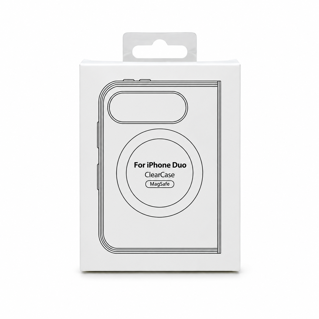 Caja blanca de funda transparente para iPhone Duo, con un dibujo de la funda y las leyendas «ClearCase» y «MagSafe».