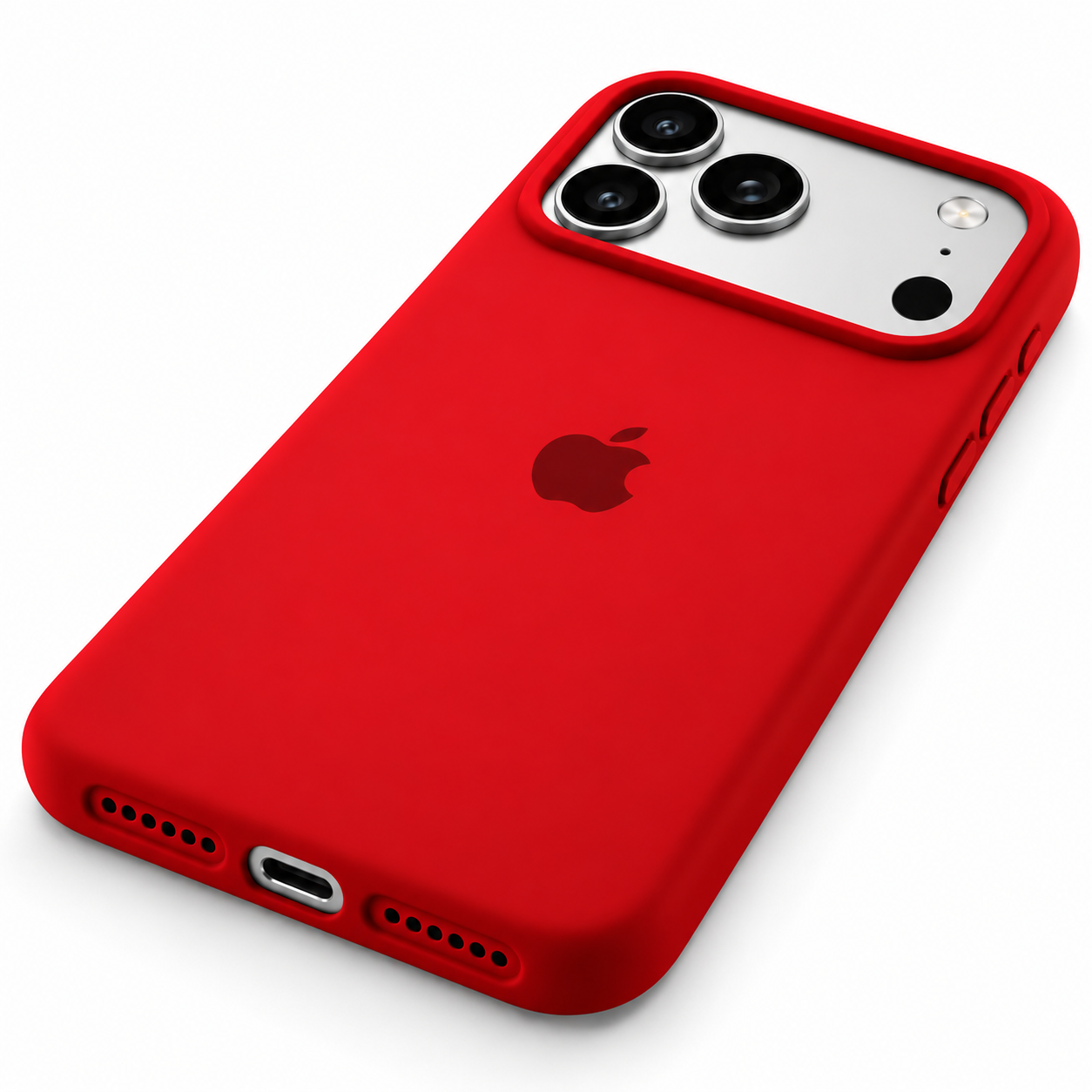 Funda de silicona roja para iPhone 18 Pro Max y 17 Pro Max, vista trasera en diagonal con borde inferior visible.