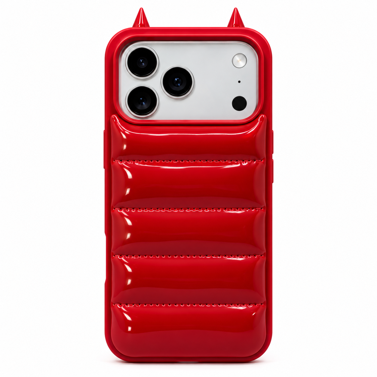 Vista trasera de funda Puffer 3D roja con cuernos de diablito y diseño acolchado brillante.