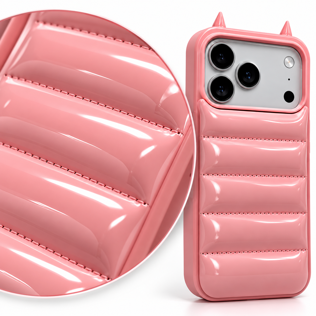 Funda Puffer 3D rosa con cuernos de diablito y acercamiento del acabado acolchado y sus costuras.