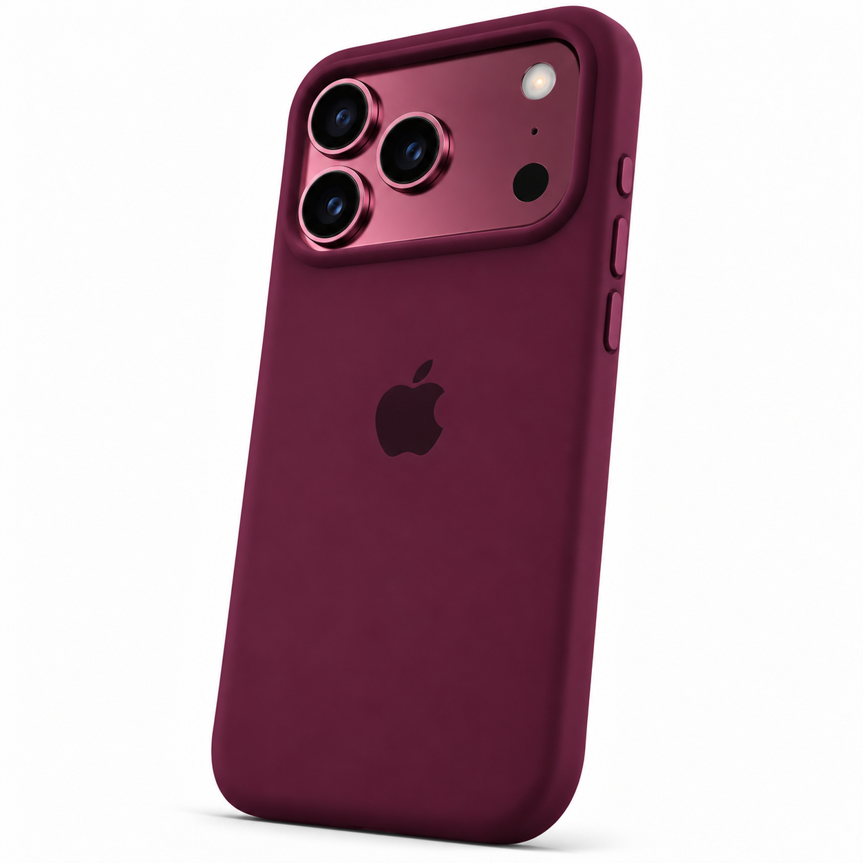 Funda de silicona color borgoña para iPhone 18 Pro Max y 17 Pro Max, vista trasera con borde de cámara y botones laterales.