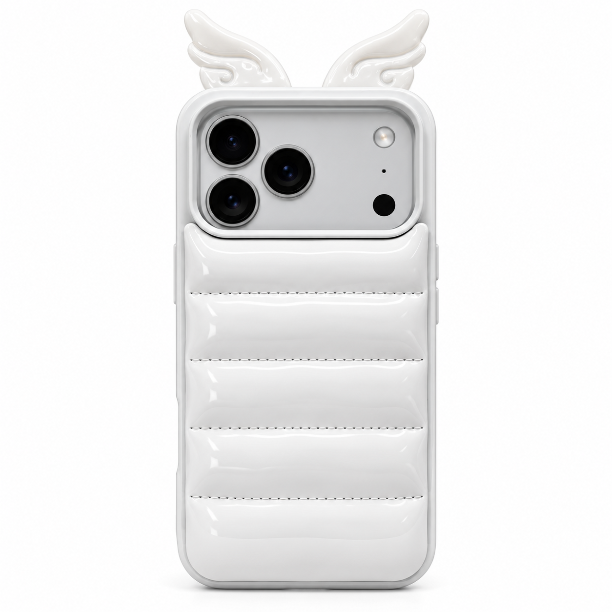 Vista trasera de funda Puffer 3D blanca con alas de ángel y diseño acolchado brillante.