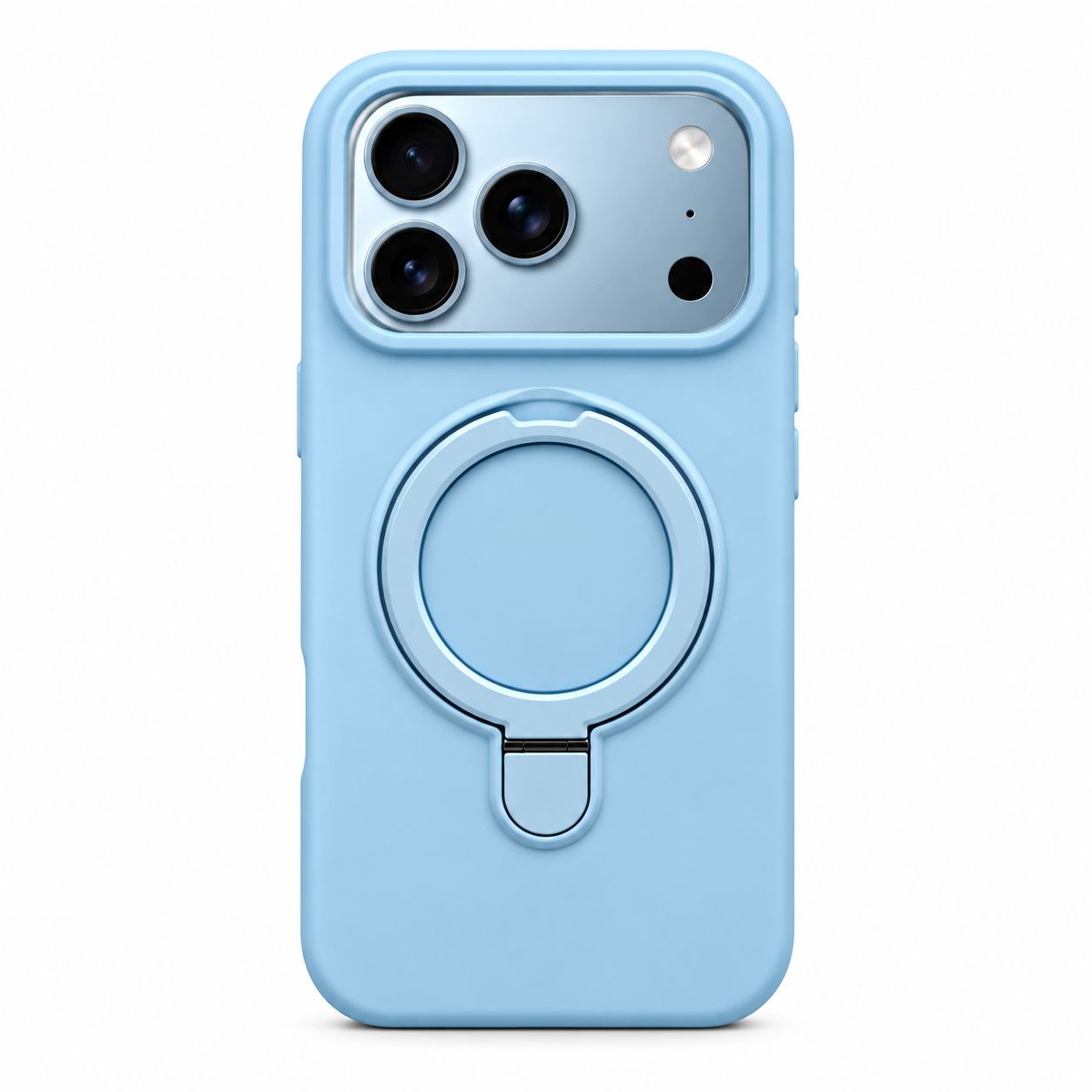 Funda de silicona azul pastel para iPhone 18 Pro Max y 17 Pro Max con soporte circular trasero, vista posterior.