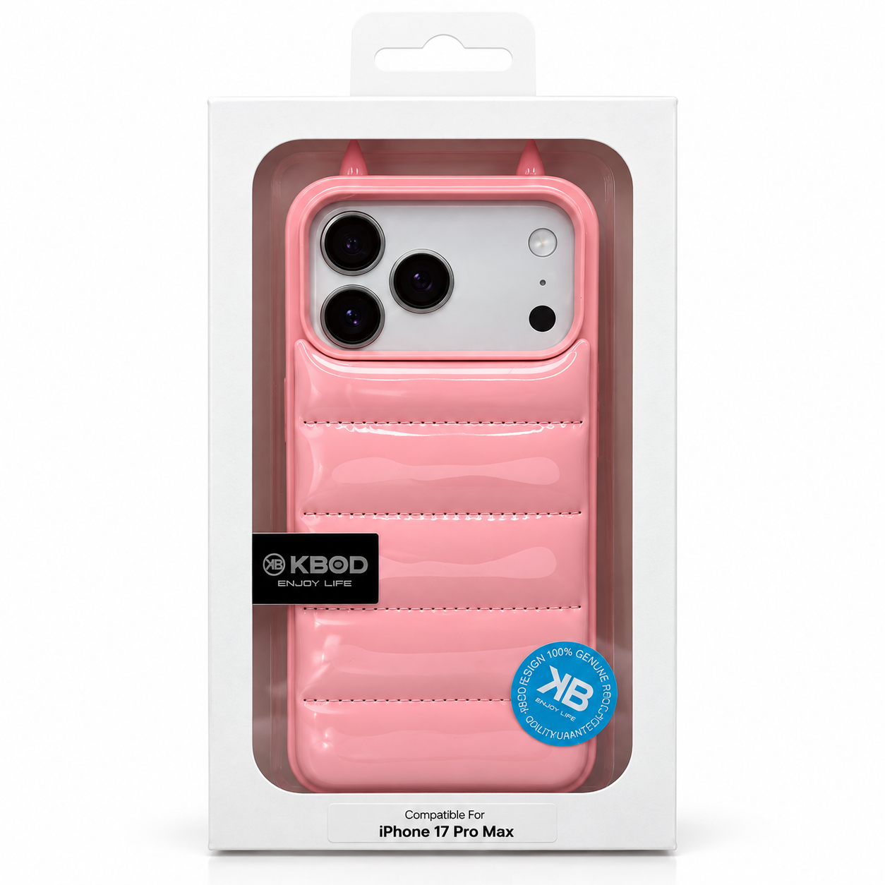 Funda Puffer 3D rosa con cuernos de diablito en empaque KBOD, etiquetado para iPhone 18 Pro Max y 17 Pro Max.